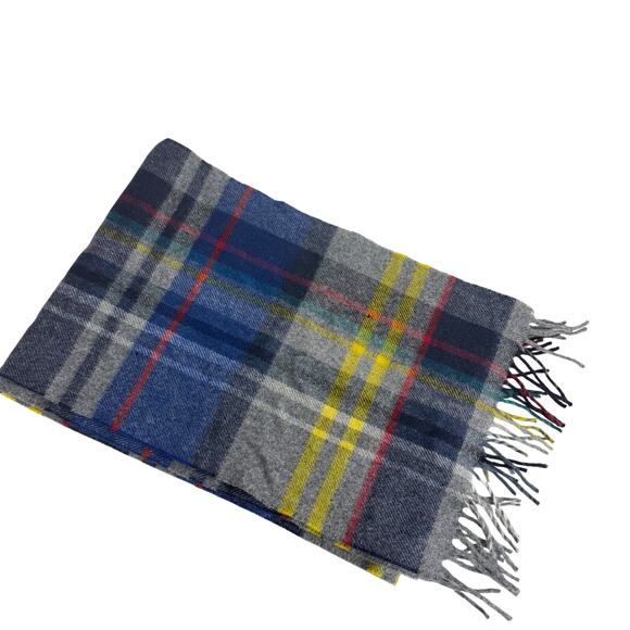 J. Crew x Abraham Moon Merino Wool Plaid Scarf Gray Blue Yellow Fringe 68 x 11.5 - Picture 1 of 7